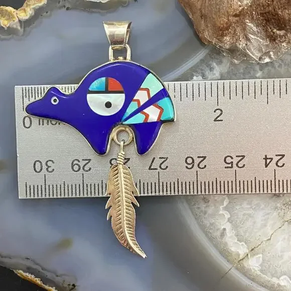 Native American Sterling Multistone Zuni Inlay Fetish Bear w/Feather Pendant - Picture 9 of 10